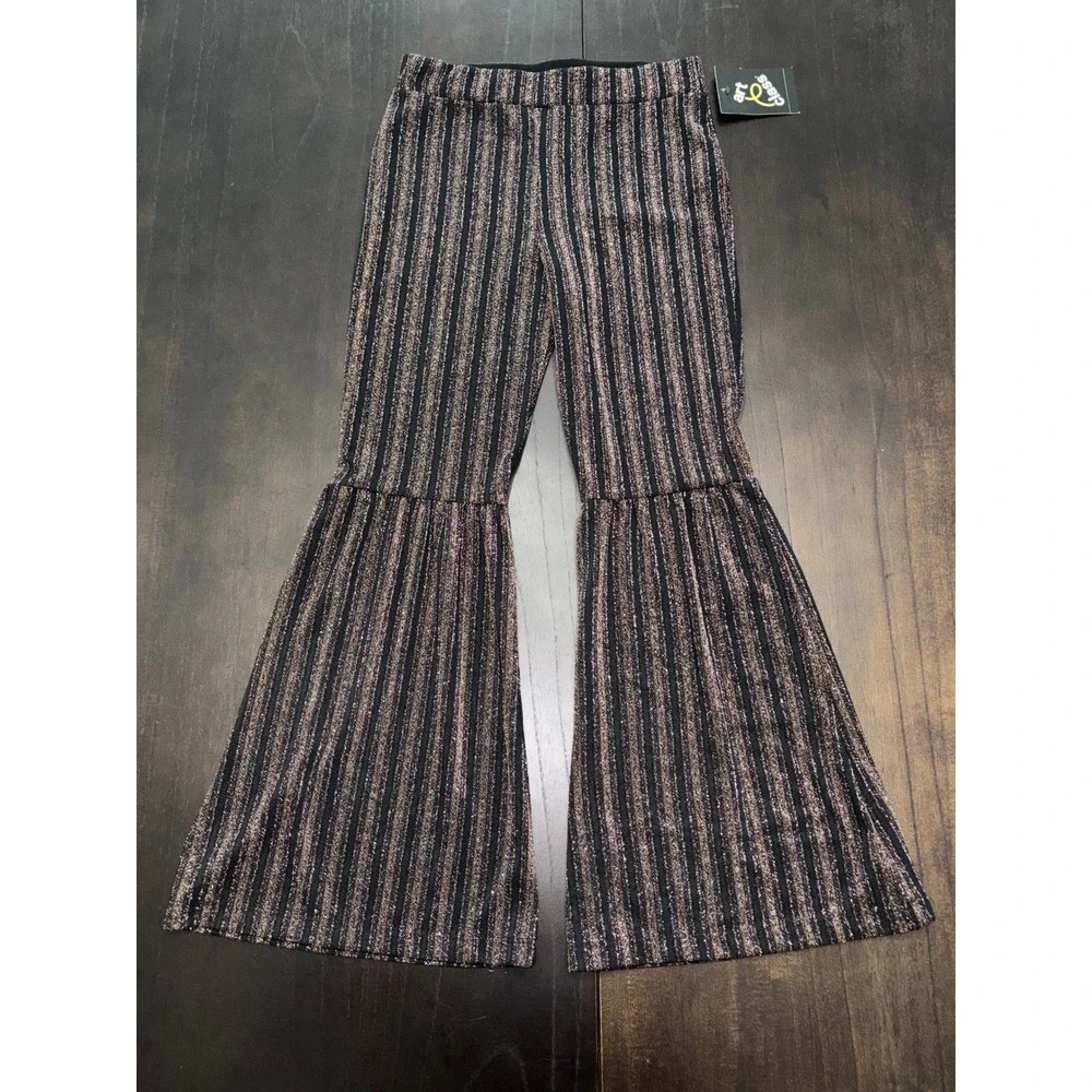 Kids Art Class 2 Piece Set Metallic Striped Bell Bottom Pants Top Sparkly L/XL